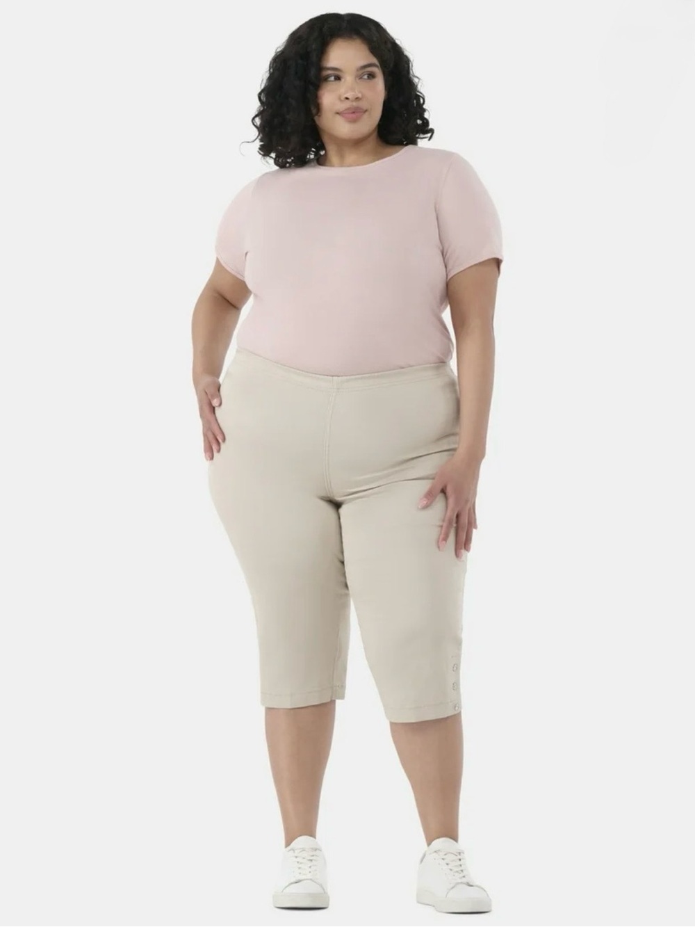 tan capri pants feature a pull-on design button detail bottom 5xl